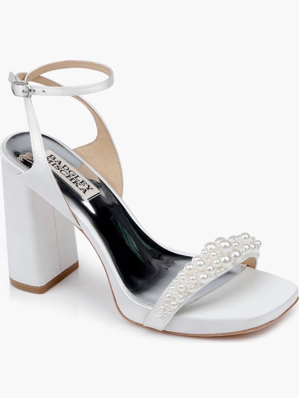 Badgley Mischka White Pearl-Embellished Block Heel Sandal